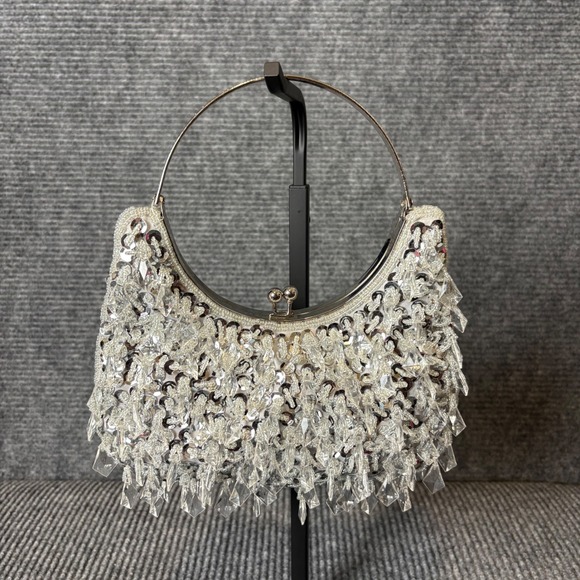 Handbags - Silver Beaded Crystal Evening Bag Kiss Lock Clutch Purse Y2K Prom Wedding Glam